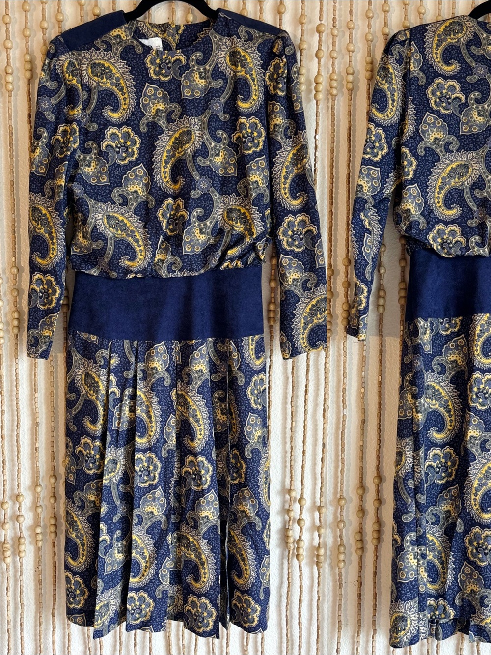 Vintage 70s Boho Belted Navy Yellow Floral Paisley Midi Librarian Teacher Dress
